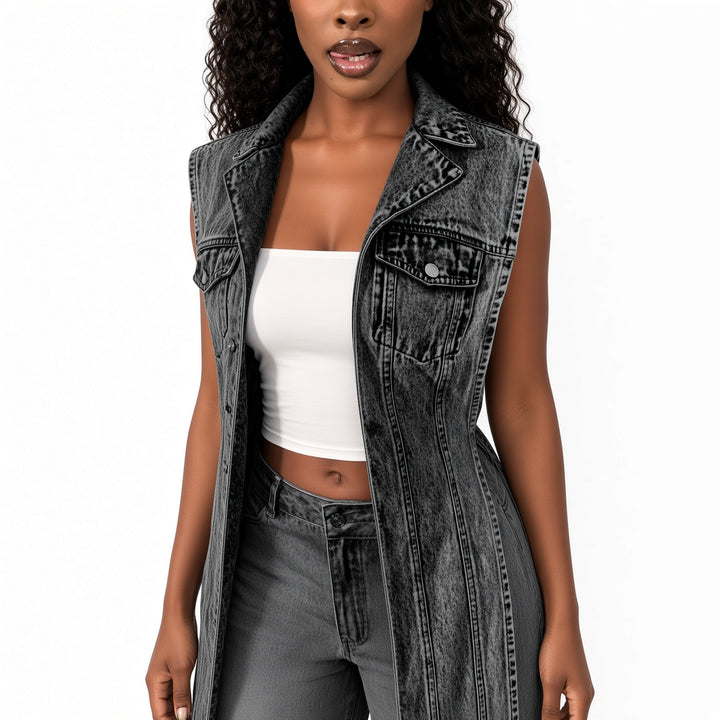 The Elara Longline Sleeveless Denim Vest