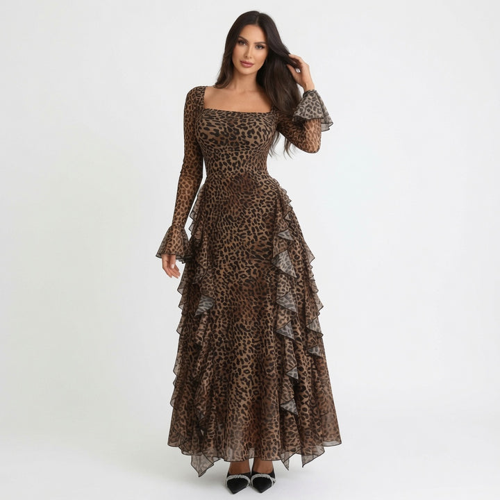 The Elara Leopard Ruffle Mesh Maxi Dress