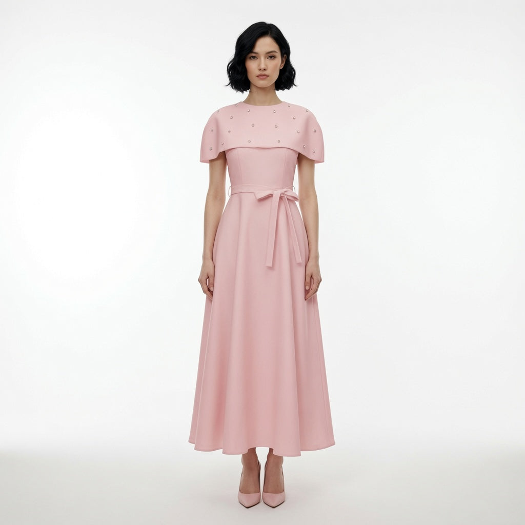The Elara Embellished Midi Dress with Cape