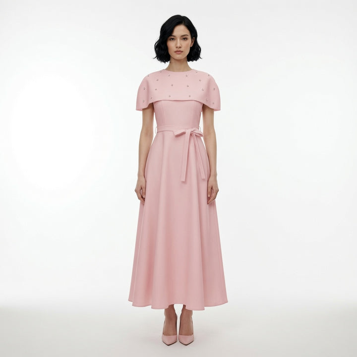 The Elara Embellished Midi Dress with Cape
