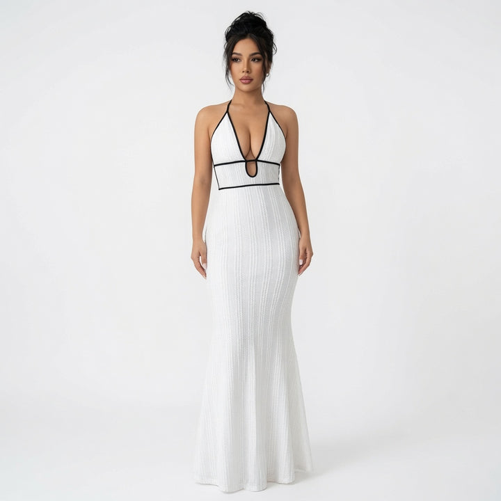 The Elara Contrast Trim Halter Backless Maxi Dress