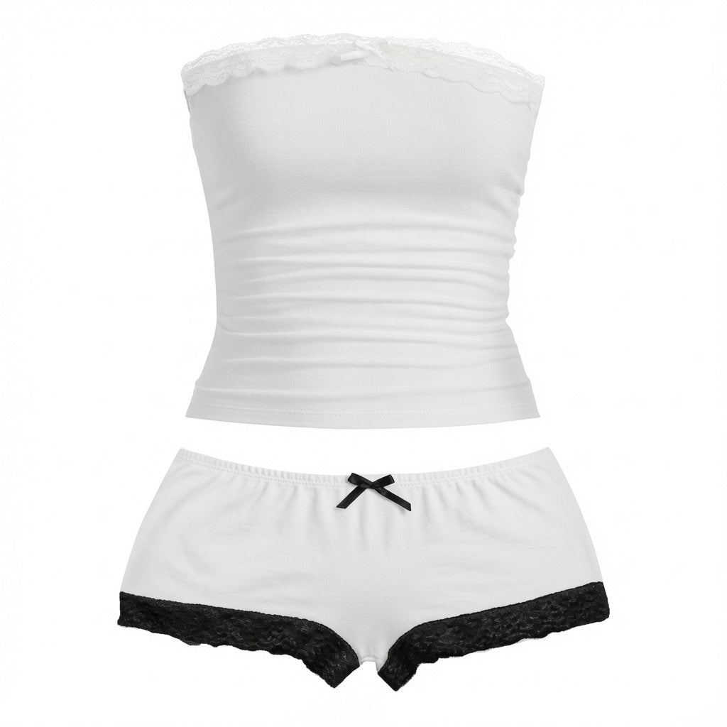 The Elara Ruched Lace-Trim Tube Top &amp; Shorts Set