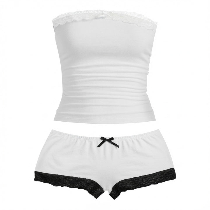 The Elara Ruched Lace-Trim Tube Top &amp; Shorts Set
