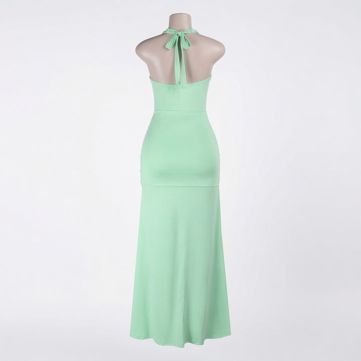 The Elara Celeste Gold Detail Halter Maxi Dress