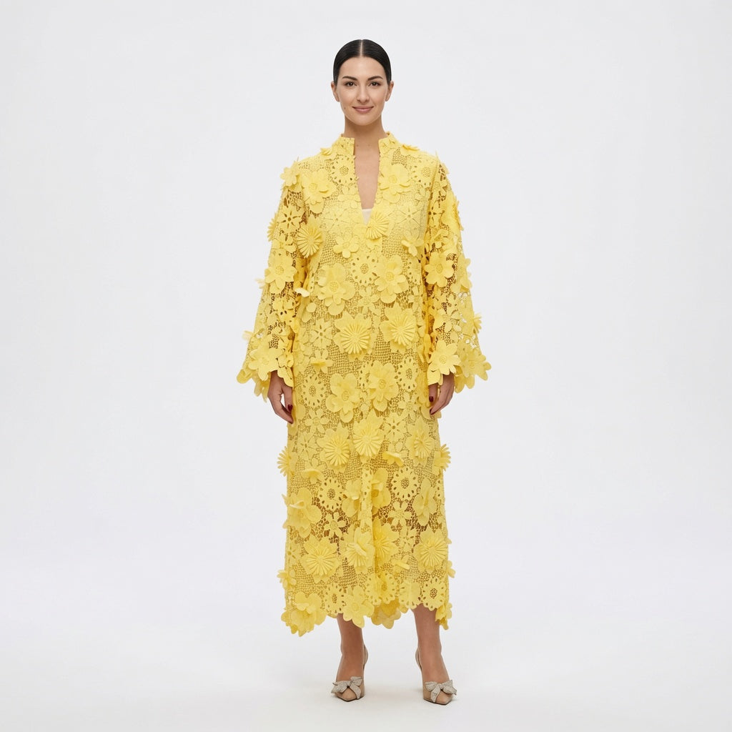 The Elara 3D Romantic Vintage Floral Lace Maxi