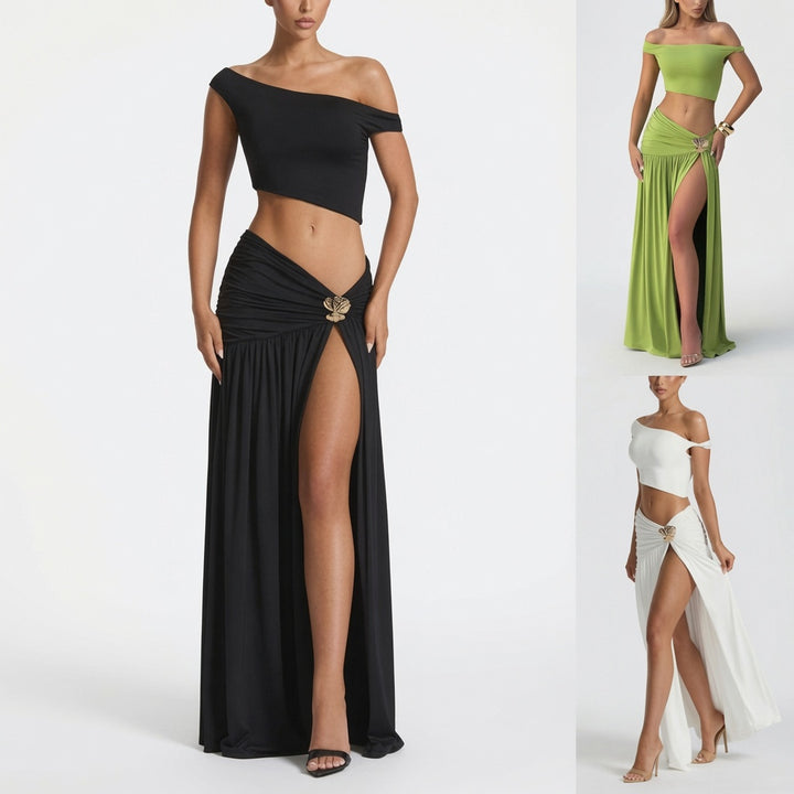 The Elara One Shoulder Ruched Split Maxi Skirt