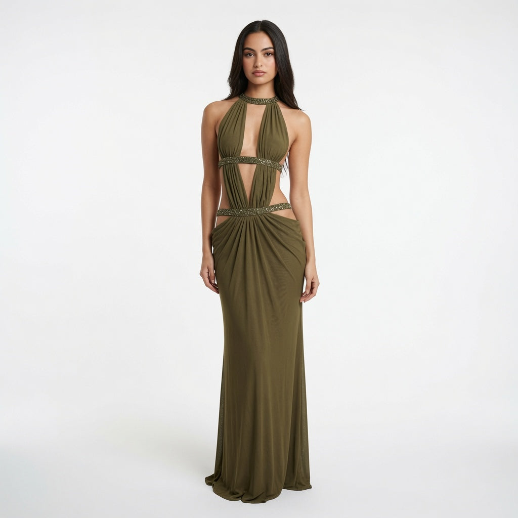 The Elara Cutout Rhinestone Halter Maxi Dress