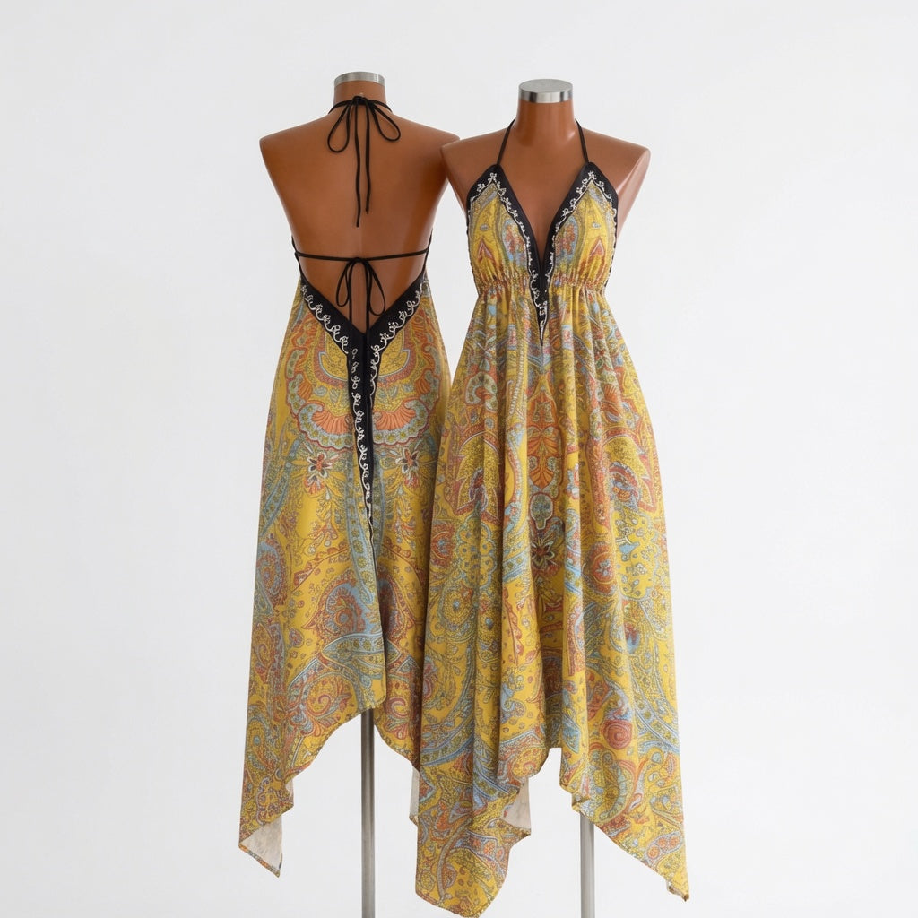 Boho Deep-V Backless Resort Dress