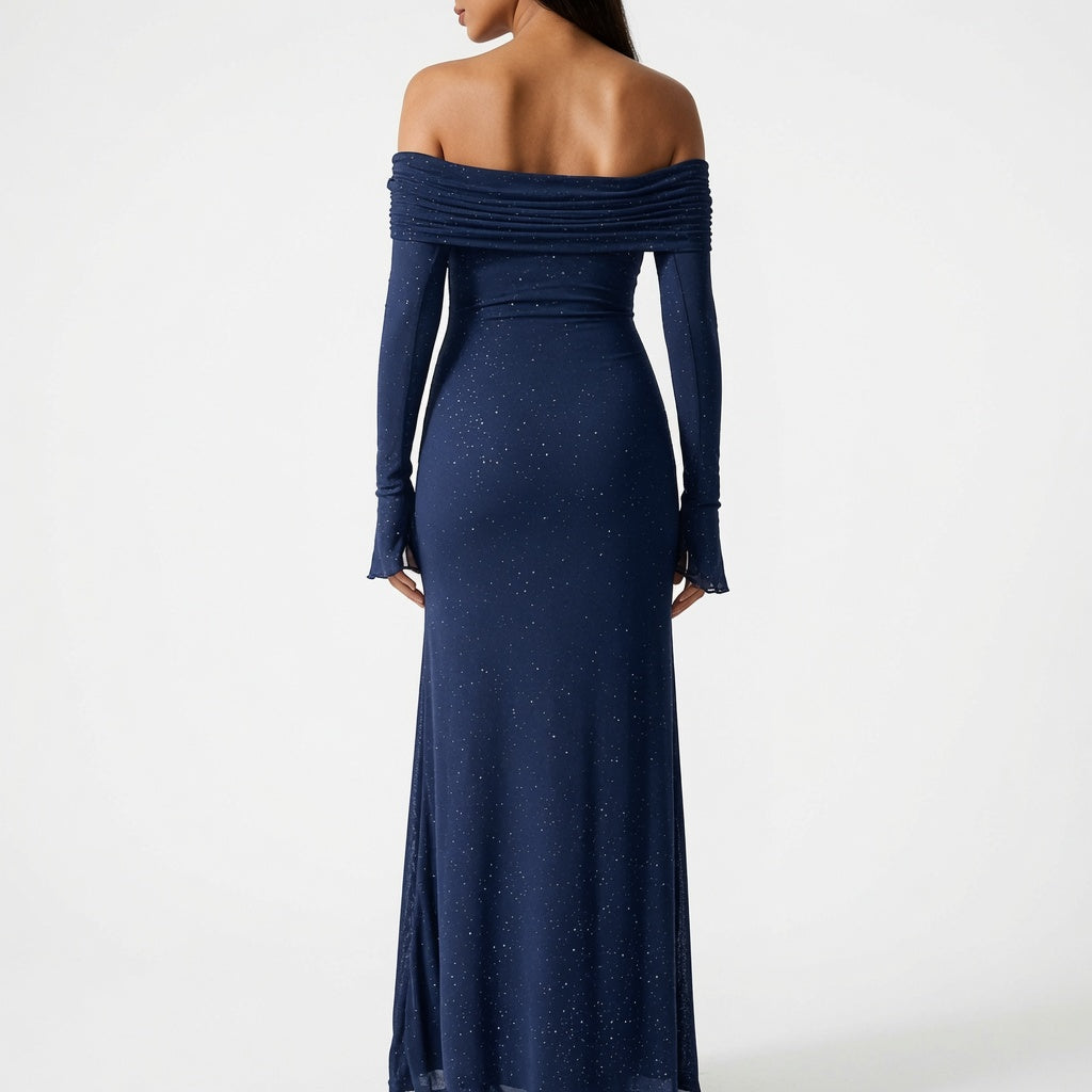 The Elara Stardust Off Shoulder Ruched Maxi Dress