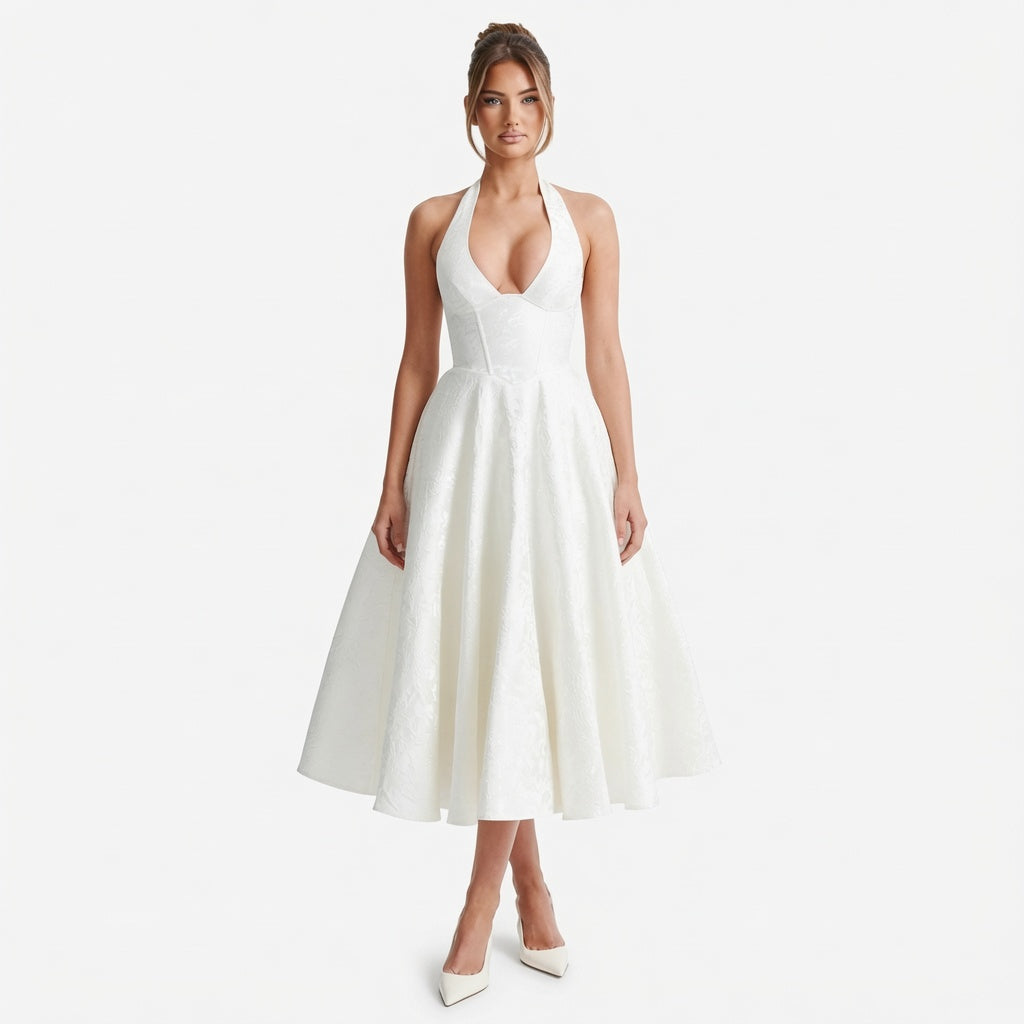 The Elara Romantic Jacquard Halter Dress
