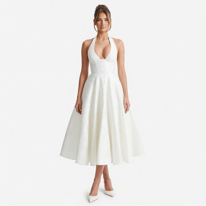 The Elara Romantic Jacquard Halter Dress