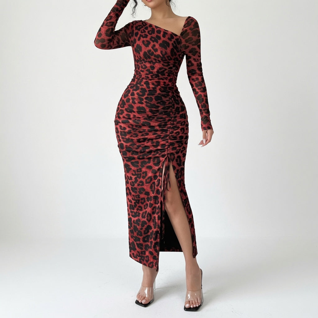 The Elara One-Shoulder Leopard Split Maxi