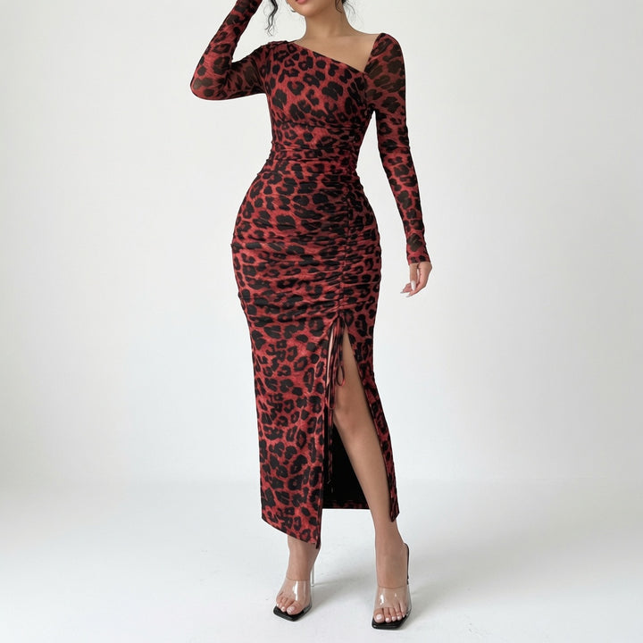 The Elara One-Shoulder Leopard Split Maxi