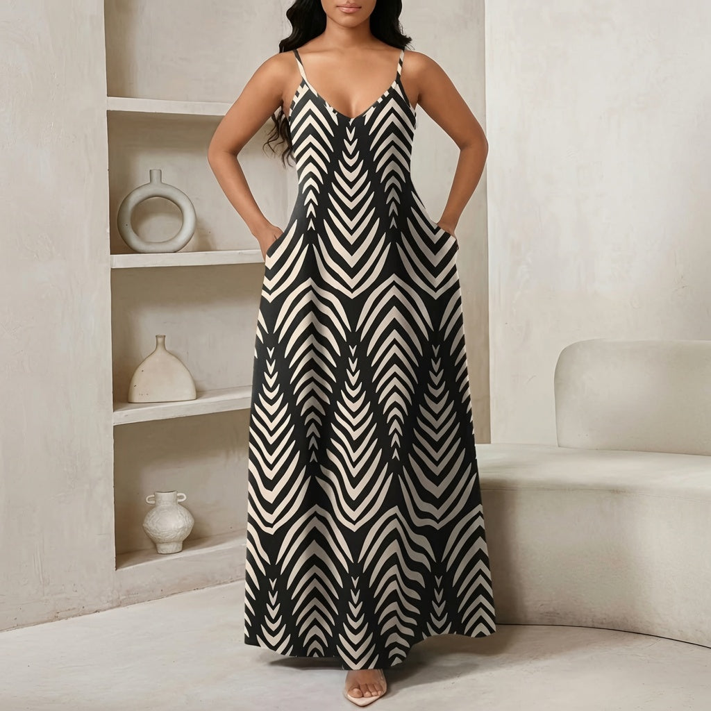 The Elara Loose Fit Graphic Maxi Dress with Pockets
