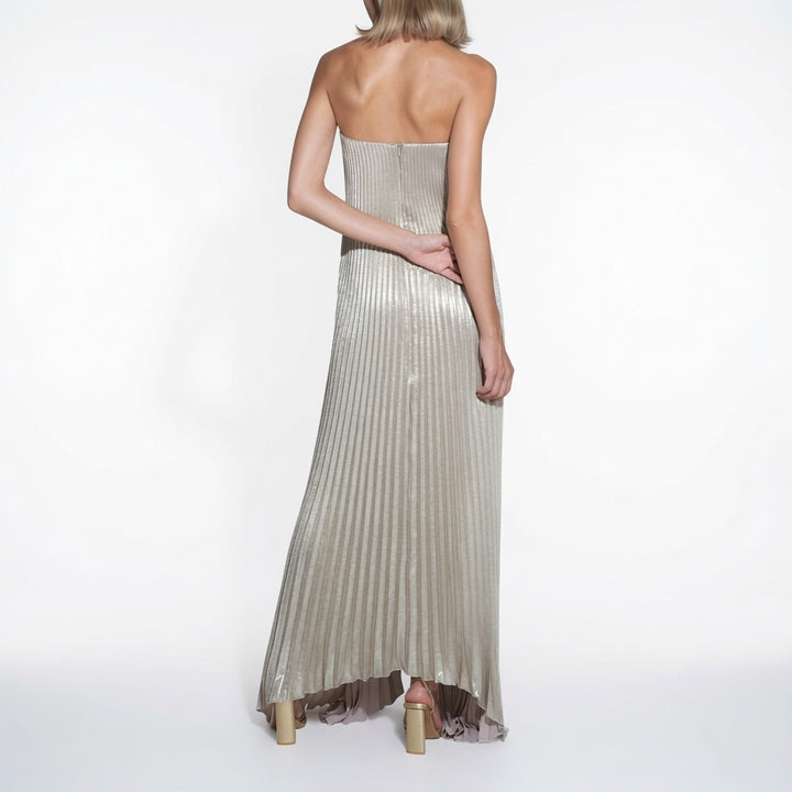 The Elara Metallic Strapless Pleated A-Line Maxi Dress