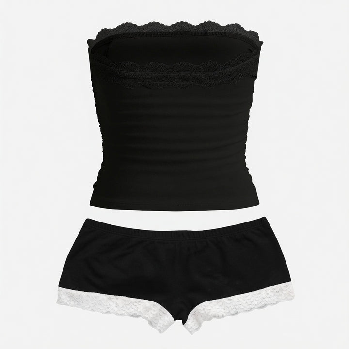 The Elara Ruched Lace-Trim Tube Top &amp; Shorts Set