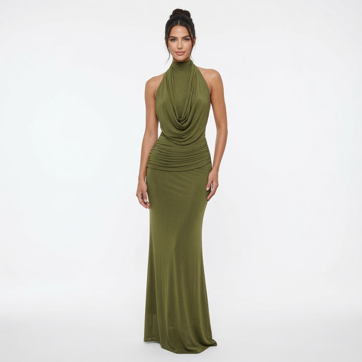 The Elara Draped Halter Neck Maxi Dress