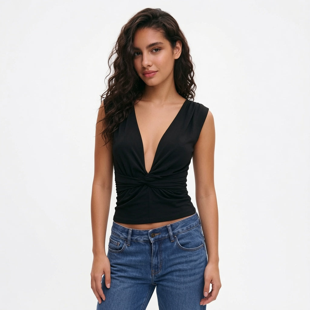 The Elara Twist-Front Deep V Sleeveless Top