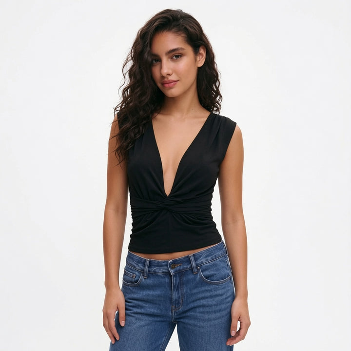 The Elara Twist-Front Deep V Sleeveless Top