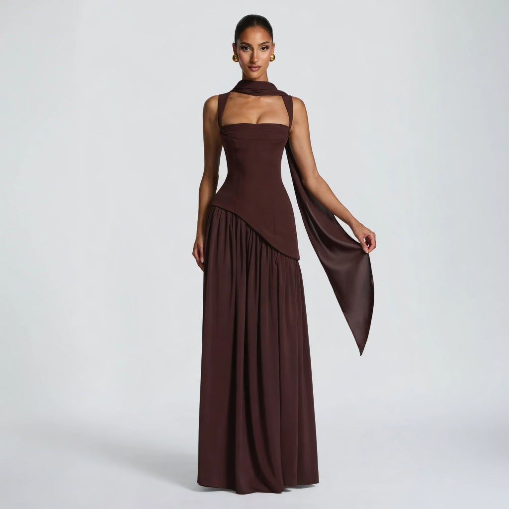 The Elara One-Shoulder Draped Corset Slit Maxi Dress