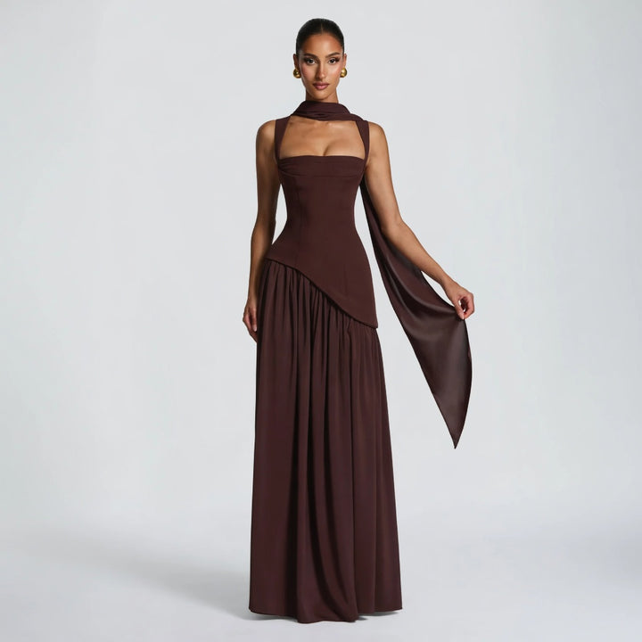 The Elara One-Shoulder Draped Corset Slit Maxi Dress