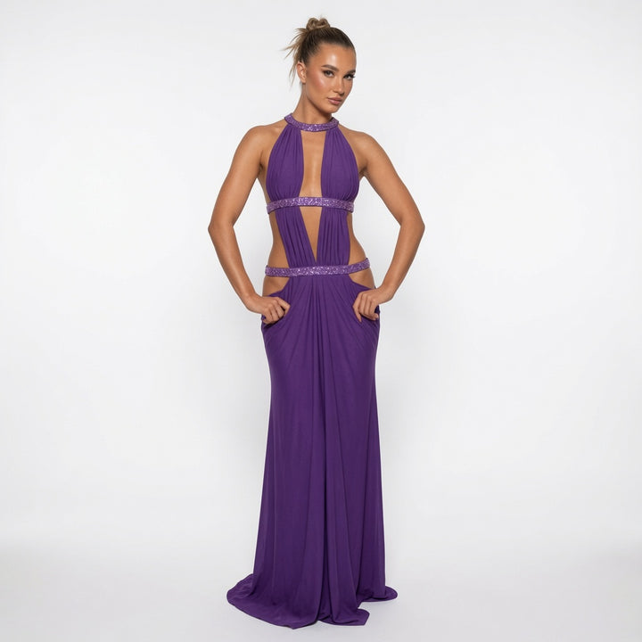 The Elara Cutout Rhinestone Halter Maxi Dress