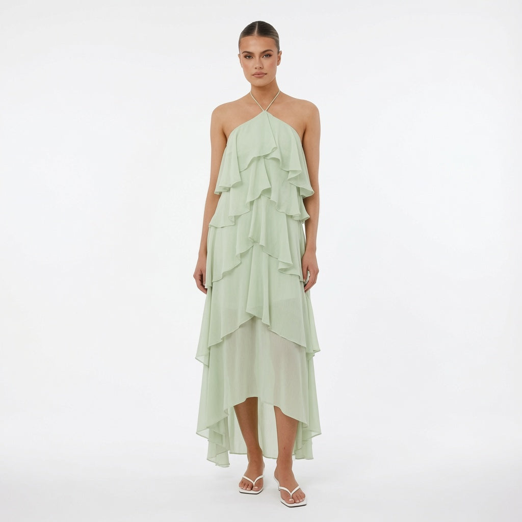 The Elara Cascading Ruffle Halter Dress