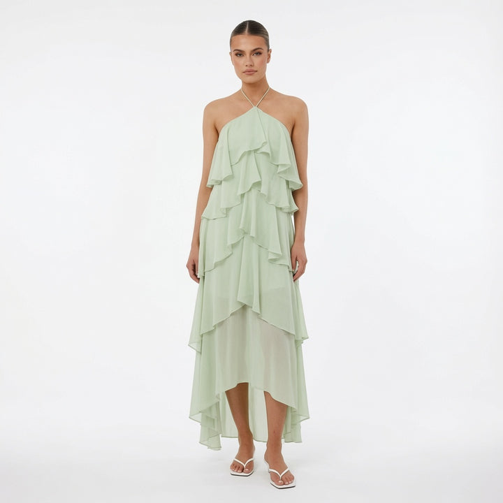 The Elara Cascading Ruffle Halter Dress