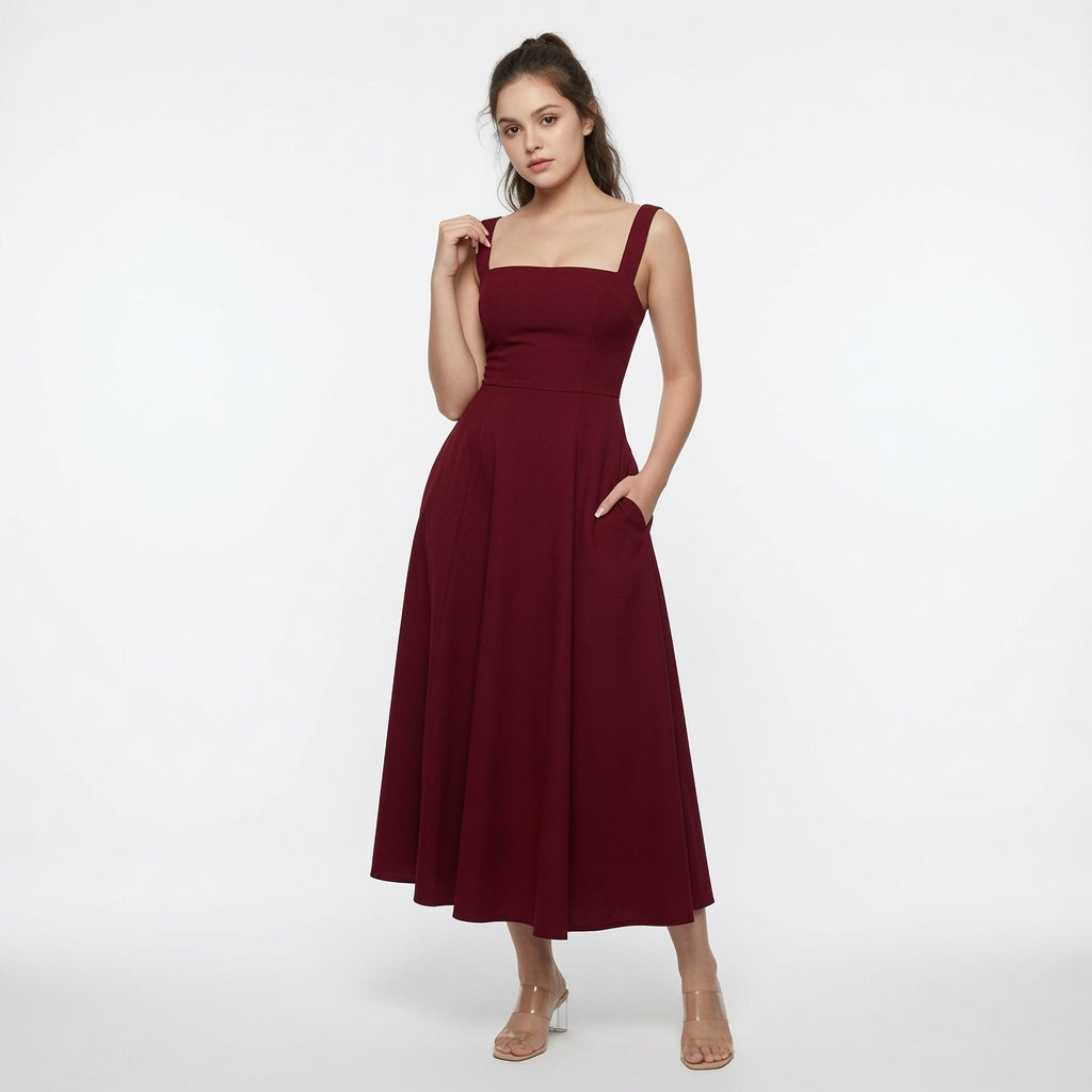 The Elara Square Neck Back Tie A-Line Midi Dress