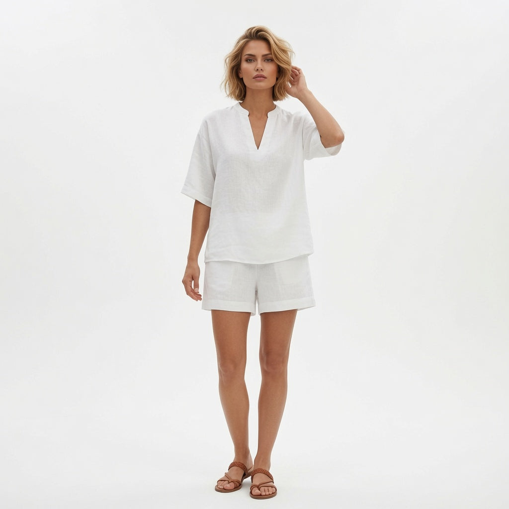 The Elara Linen Breeze Deep V Two Piece Set