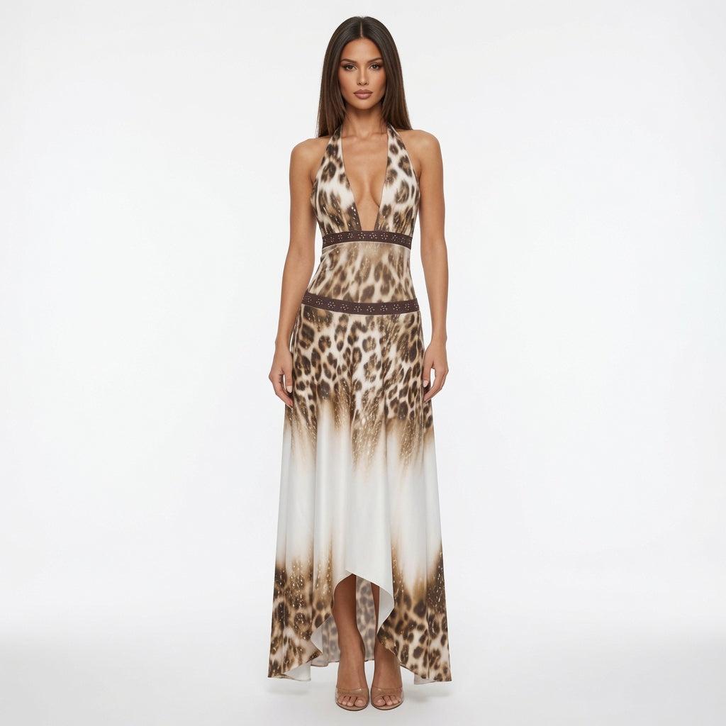 The Elara Leopard Halter Backless Maxi Dress