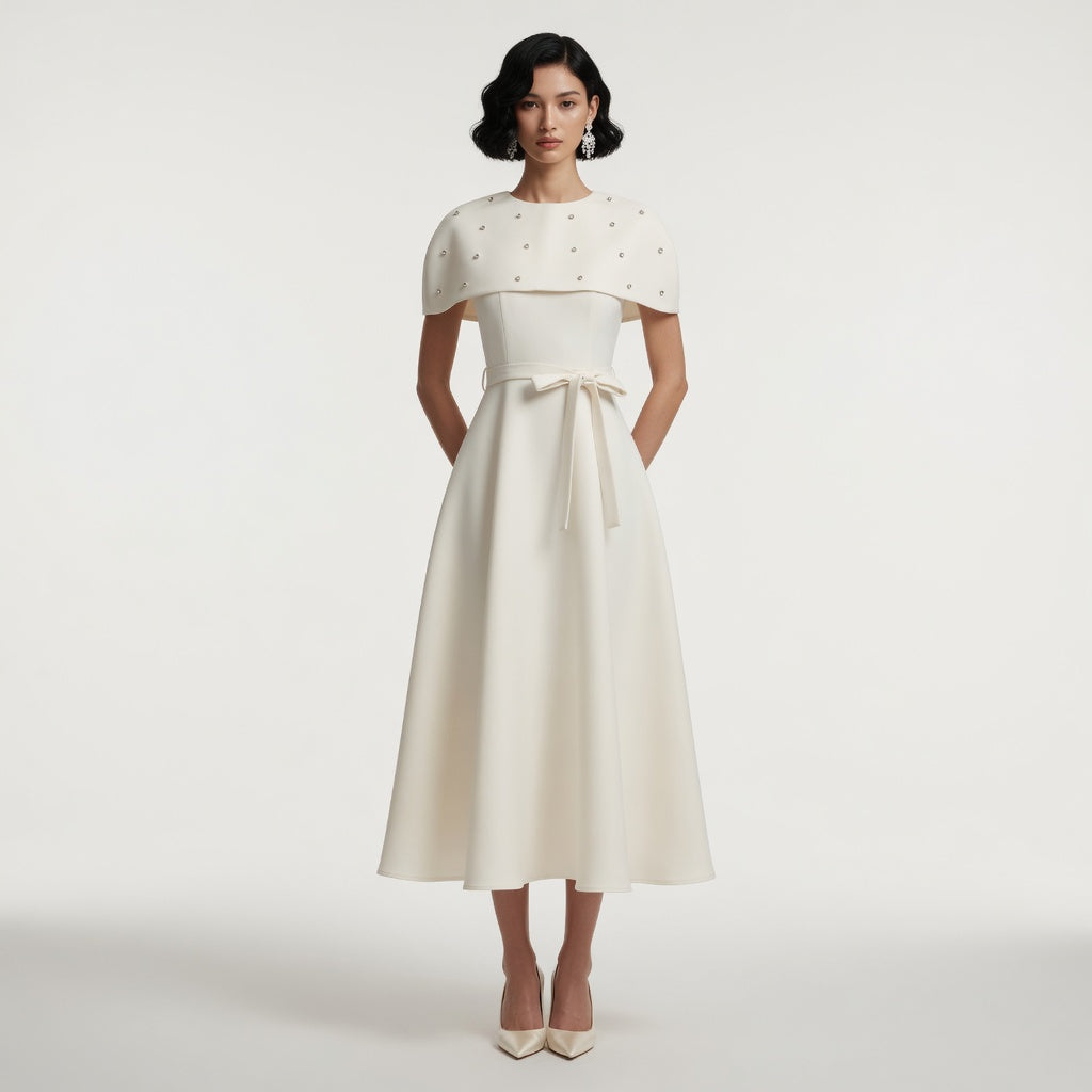 The Elara Embellished Midi Dress with Cape