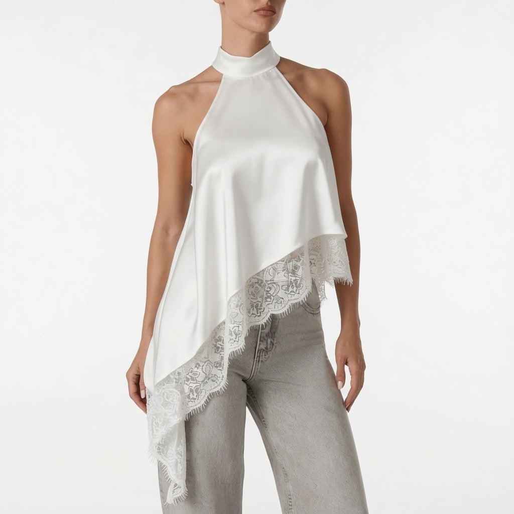 The Elara Satin Lace Halter Top