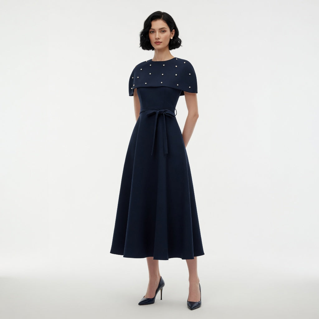 The Elara Embellished Midi Dress with Cape