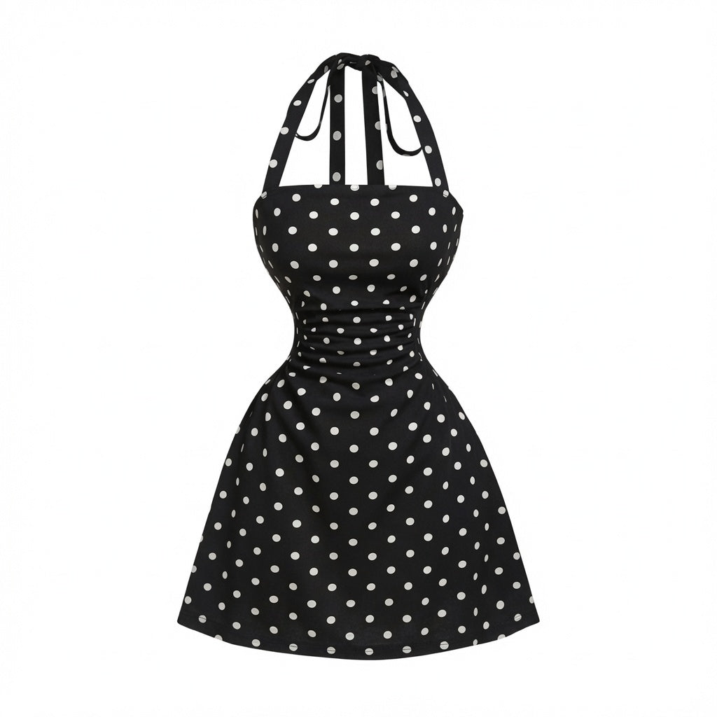 The Elara Polka Dot Cinched Waist Halter Mini