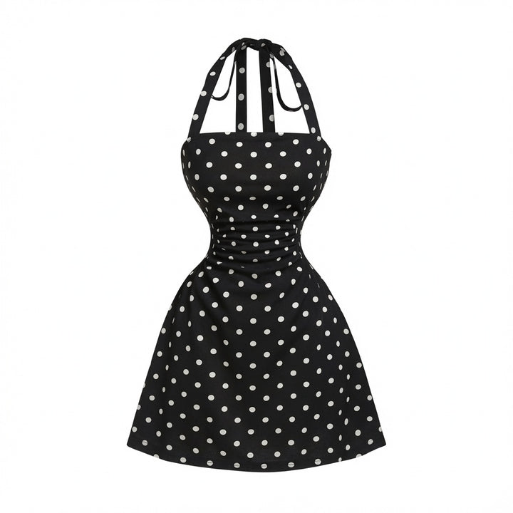 The Elara Polka Dot Cinched Waist Halter Mini