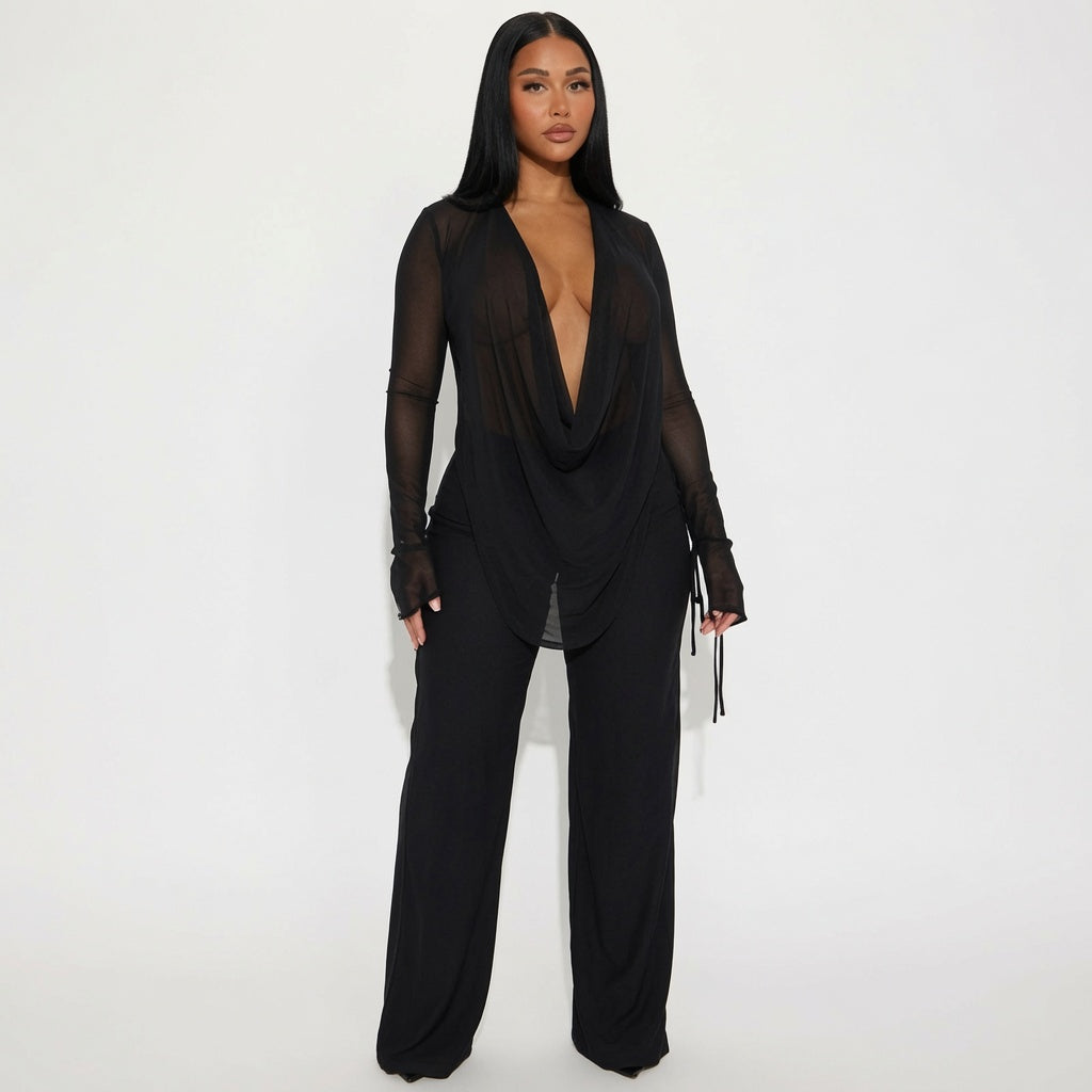 The Elara Sheer Draped Mesh Two-Piece Set