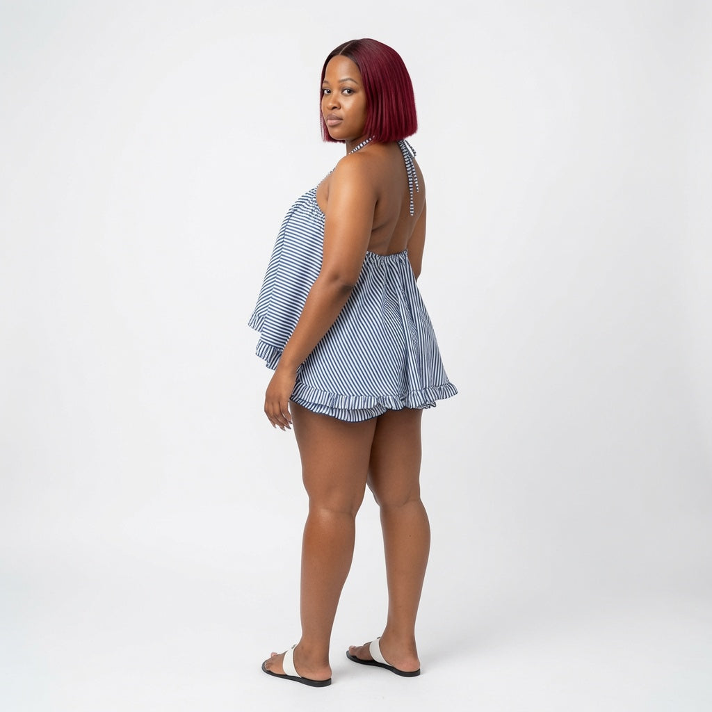 The Elara Striped Halter Ruffle Shorts Set