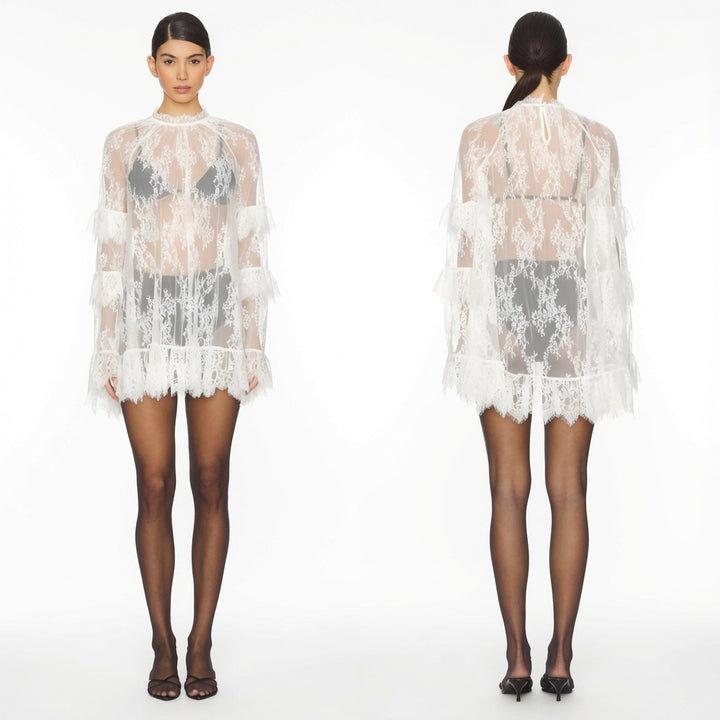 The Elara Sheer Lace Ruffle Mini Dress
