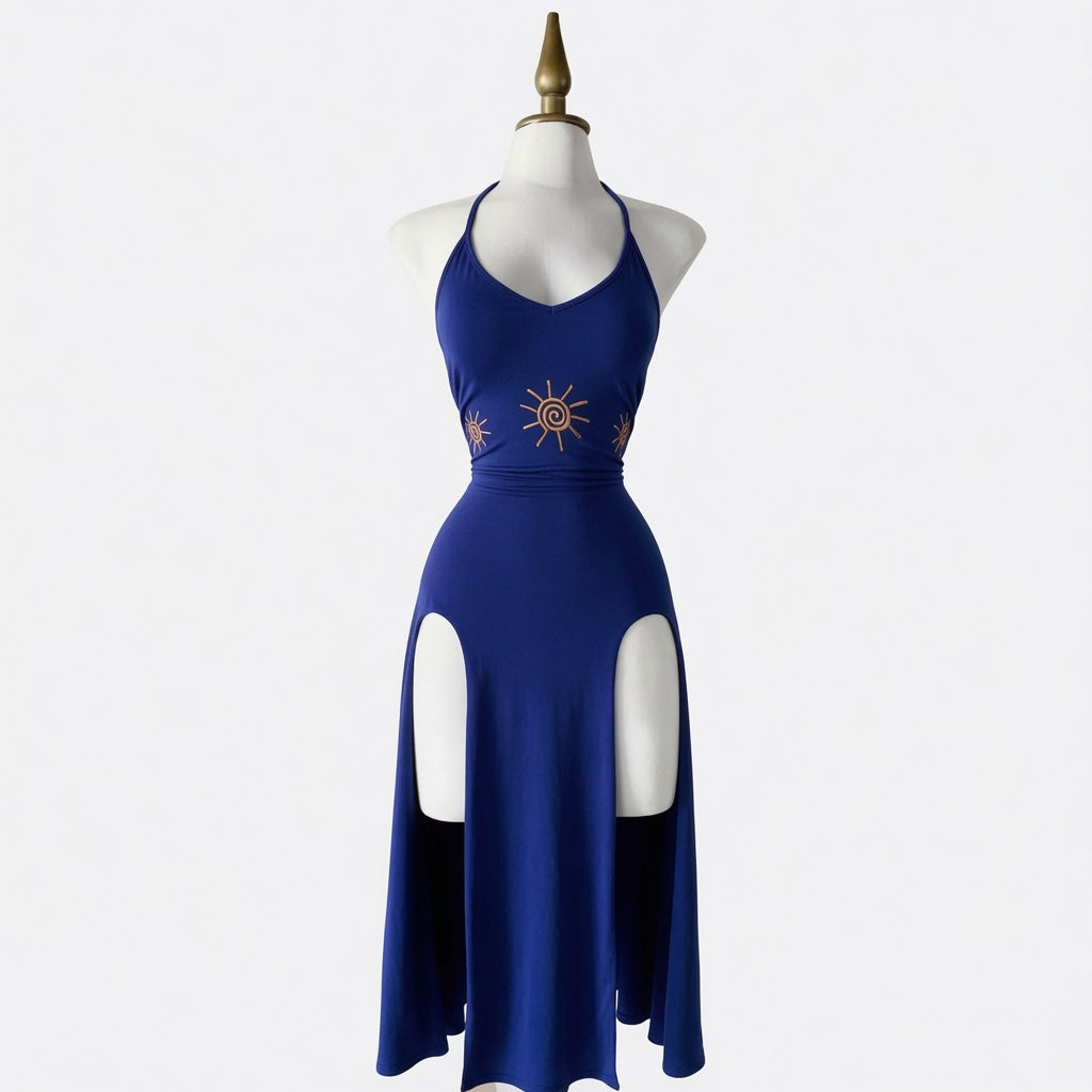 The Elara Sun Embroidered Halter Split Midi Dress