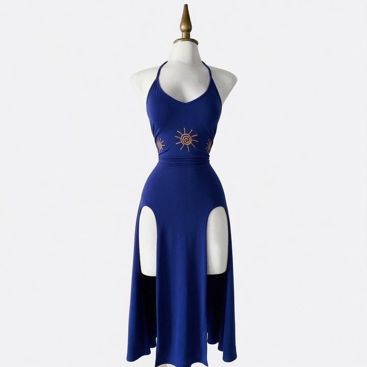The Elara Sun Embroidered Halter Split Midi Dress