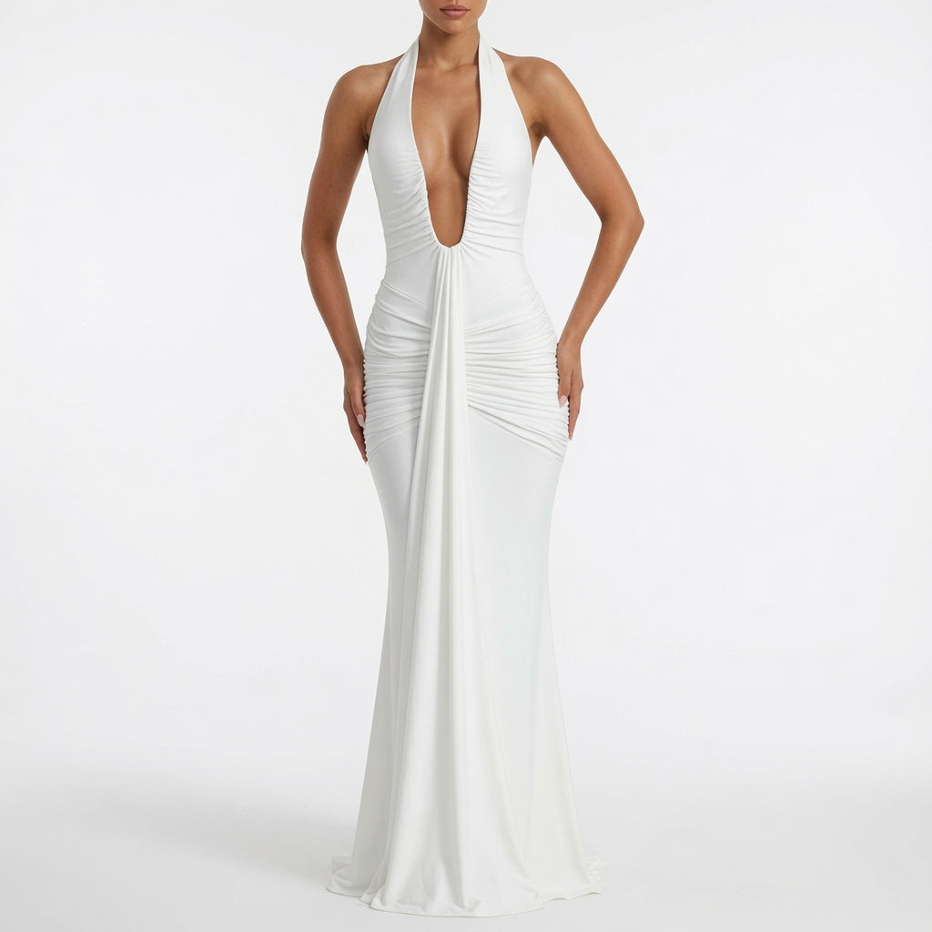 The Elara Plunging Ruched Mermaid Dress