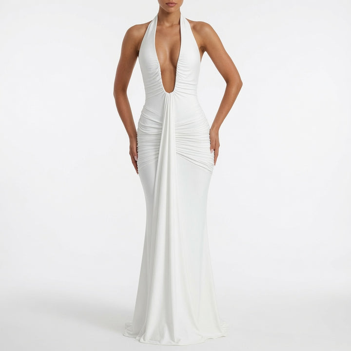 The Elara Plunging Ruched Mermaid Dress
