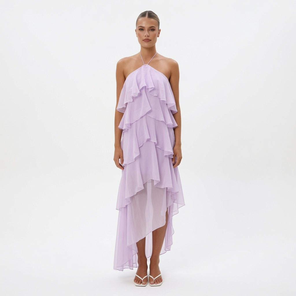 The Elara Cascading Ruffle Halter Dress