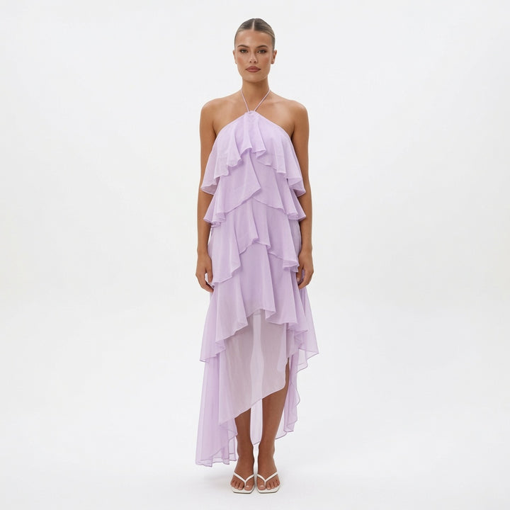 The Elara Cascading Ruffle Halter Dress