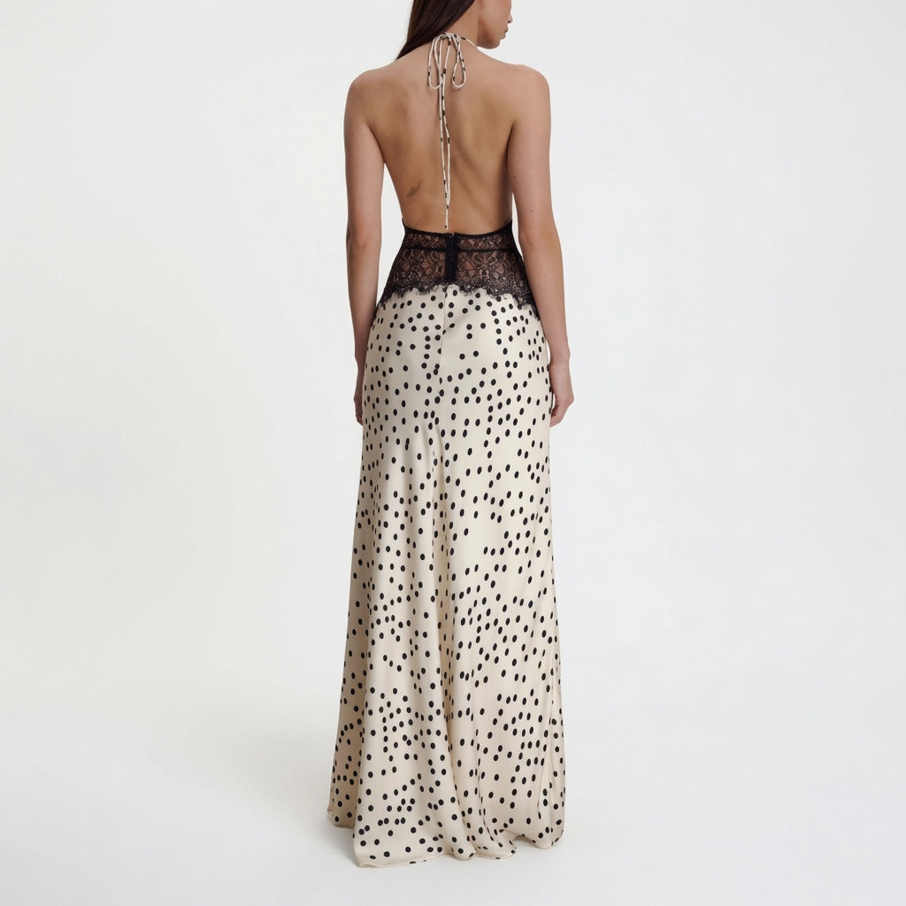 The Elara Lace Polka Dot Maxi Dress