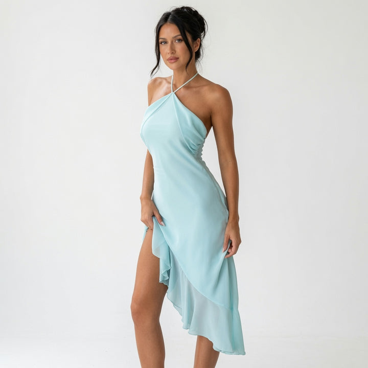 The Elara Mint Asymmetric Halter Ruffle Dress