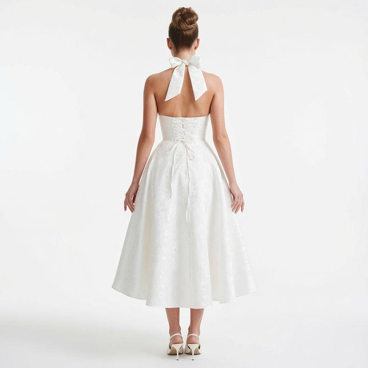 The Elara Romantic Jacquard Halter Dress