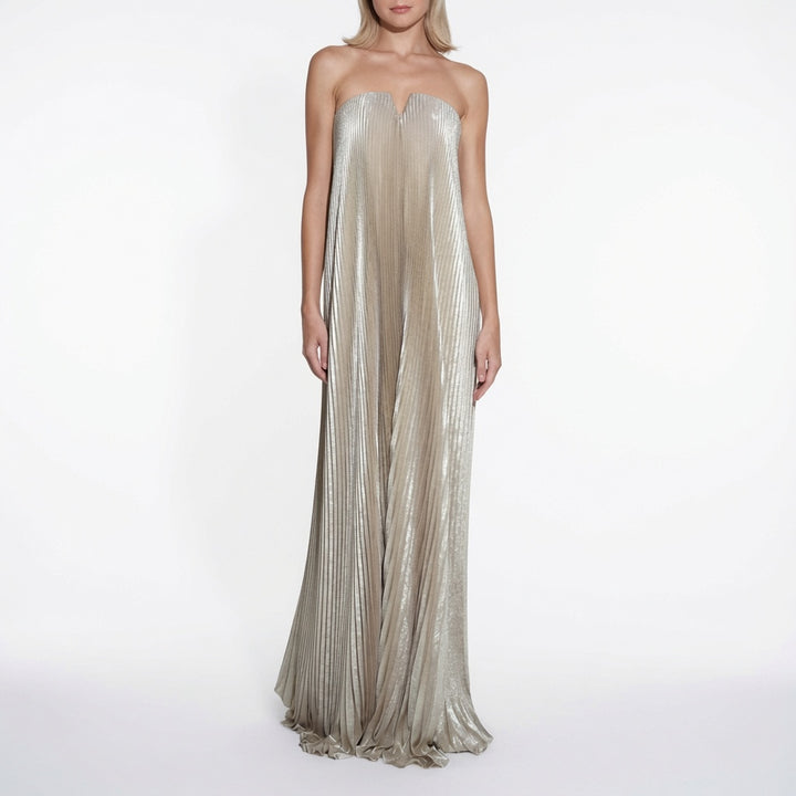 The Elara Metallic Strapless Pleated A-Line Maxi Dress