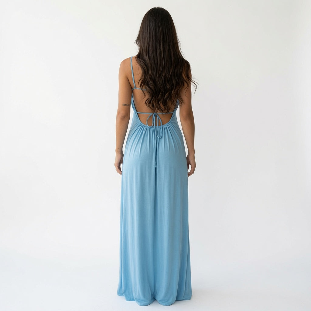 The Elara Ruched Tie Back Maxi Dress
